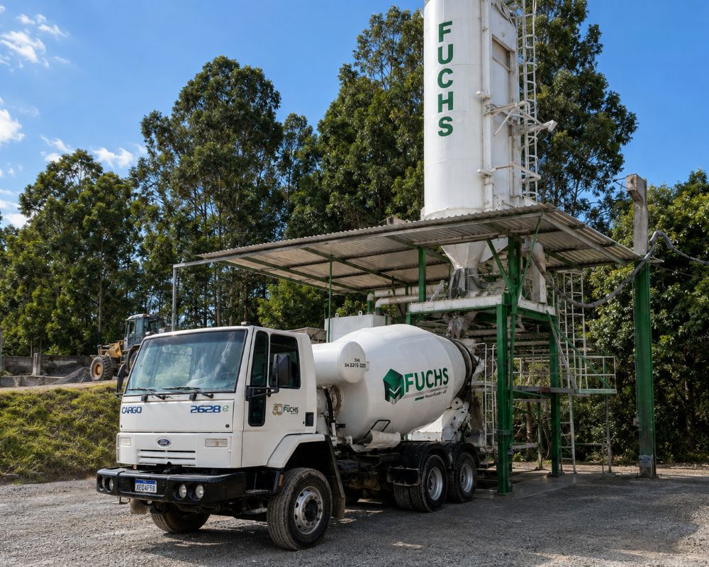 Caminhão betoneira sendo carregado em usina de concreto em Passo Fundo